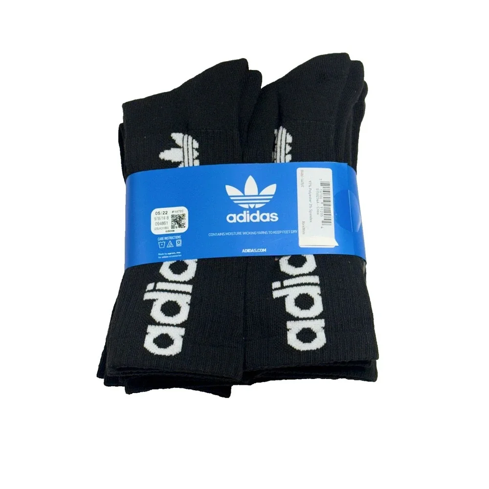 6 PAIR ADIDAS MEN TREFOIL‎ Moisture Wicking STRETCH Socks Black WHITE Large 6-12